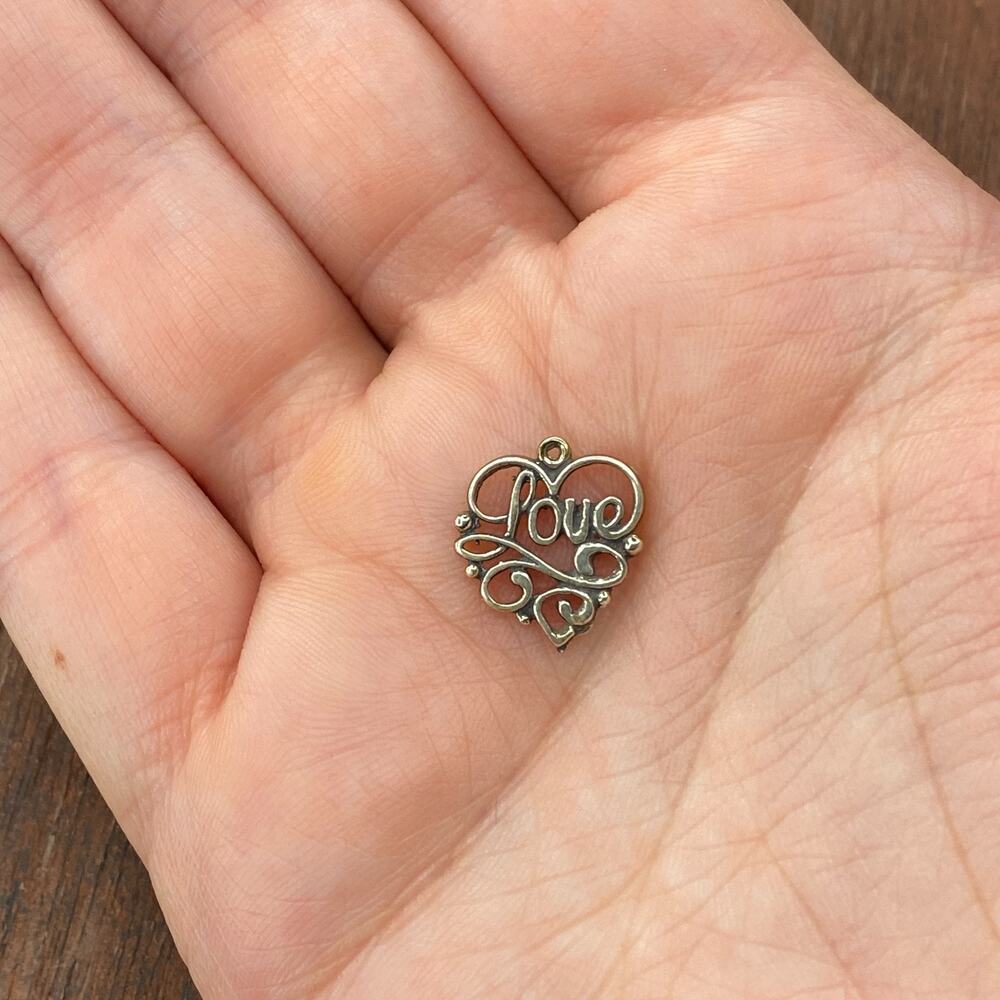 Vintage 925 Sterling Silver "Love" Spell Out Ornate Heart Pendant Bracelet Charm
